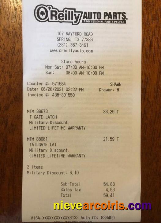 USA O'Reilly auto parts payment receipt